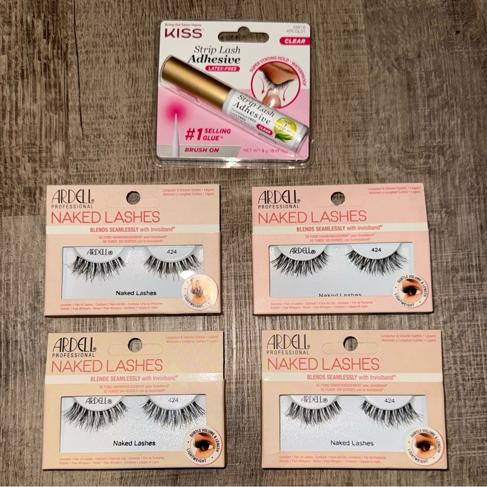 Ardell Naked Lashes #424  (4 Pack Bundle) Plus KISS Brush on Strip Lash Adhesive